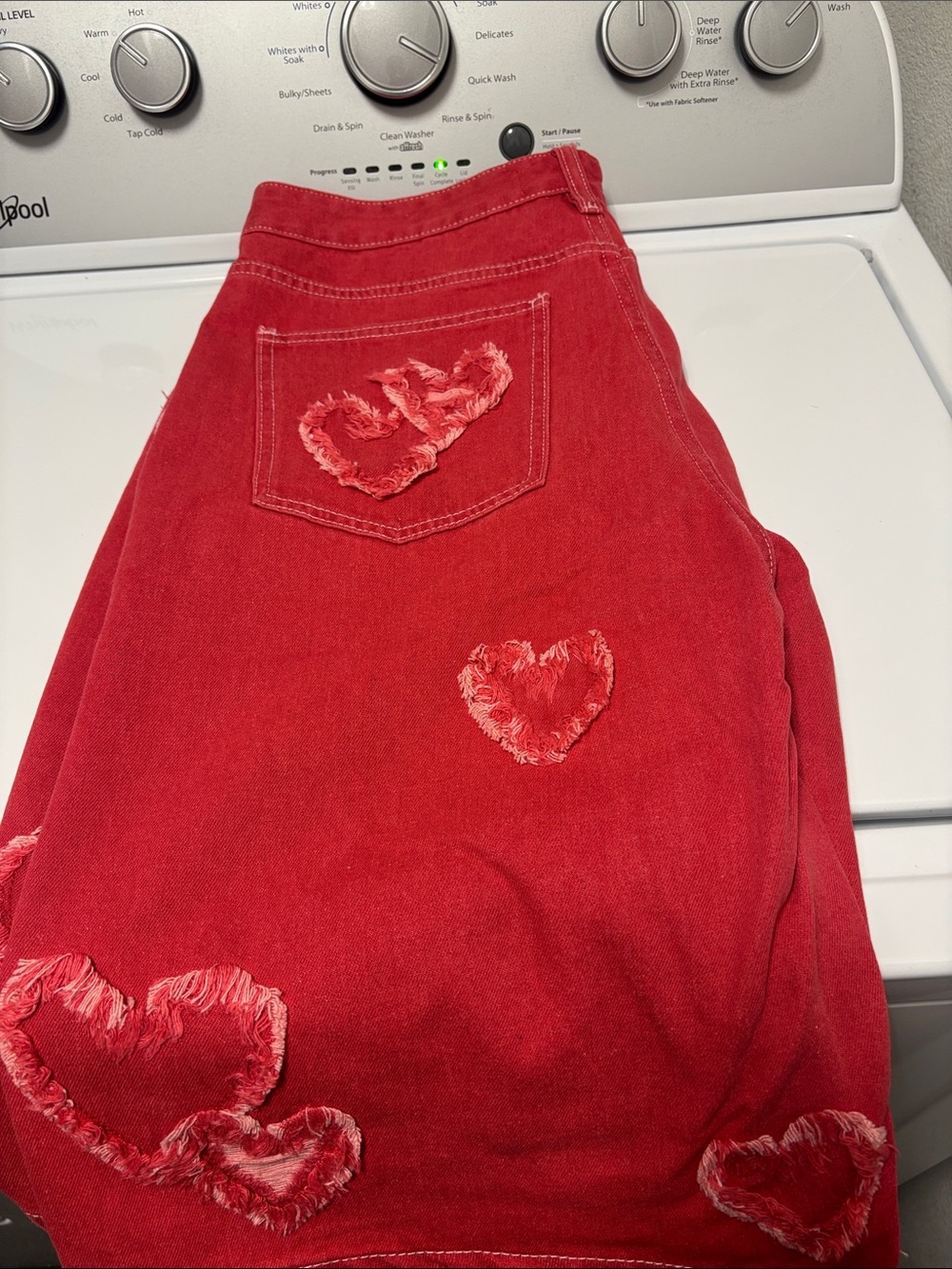 Fashion Nova red Denim Jorts  with Heart Patch - Picture 6 of 8